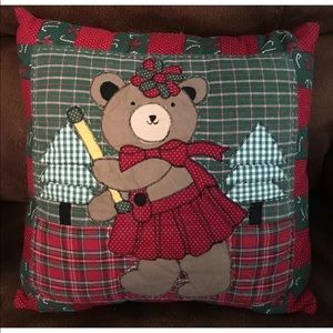 Vtg Christmas Throw Toss Pillow Teddy Bear Patchwork Tartan Plaid Cabin Cottage